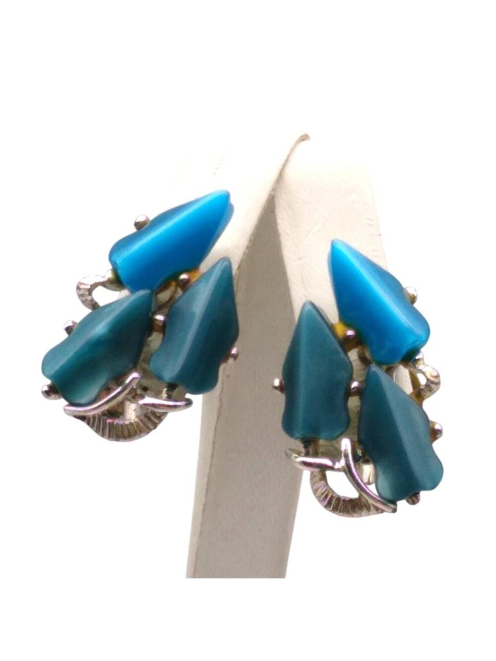 Vintage Midnight Blue Lucite Earrings, Mid Century Silver Tone Abstract Clip On